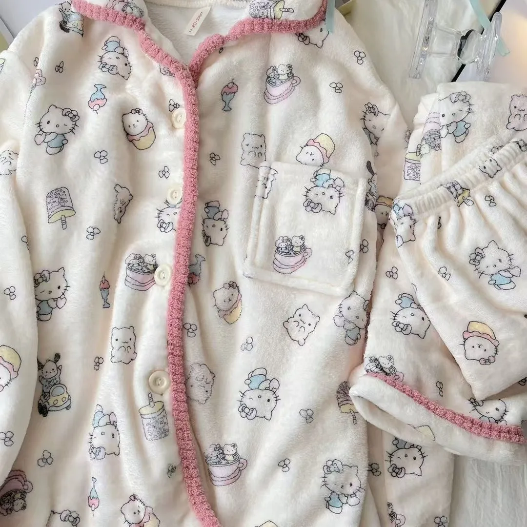 Новый пижамный комплект Sanrio Hello Kitty с принтом кораллового флиса зимний утепленный