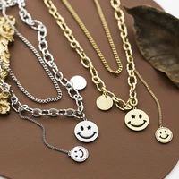 new fashion gold silver color stainless steel smiley face pendant layered chain necklace choker for women jewelry