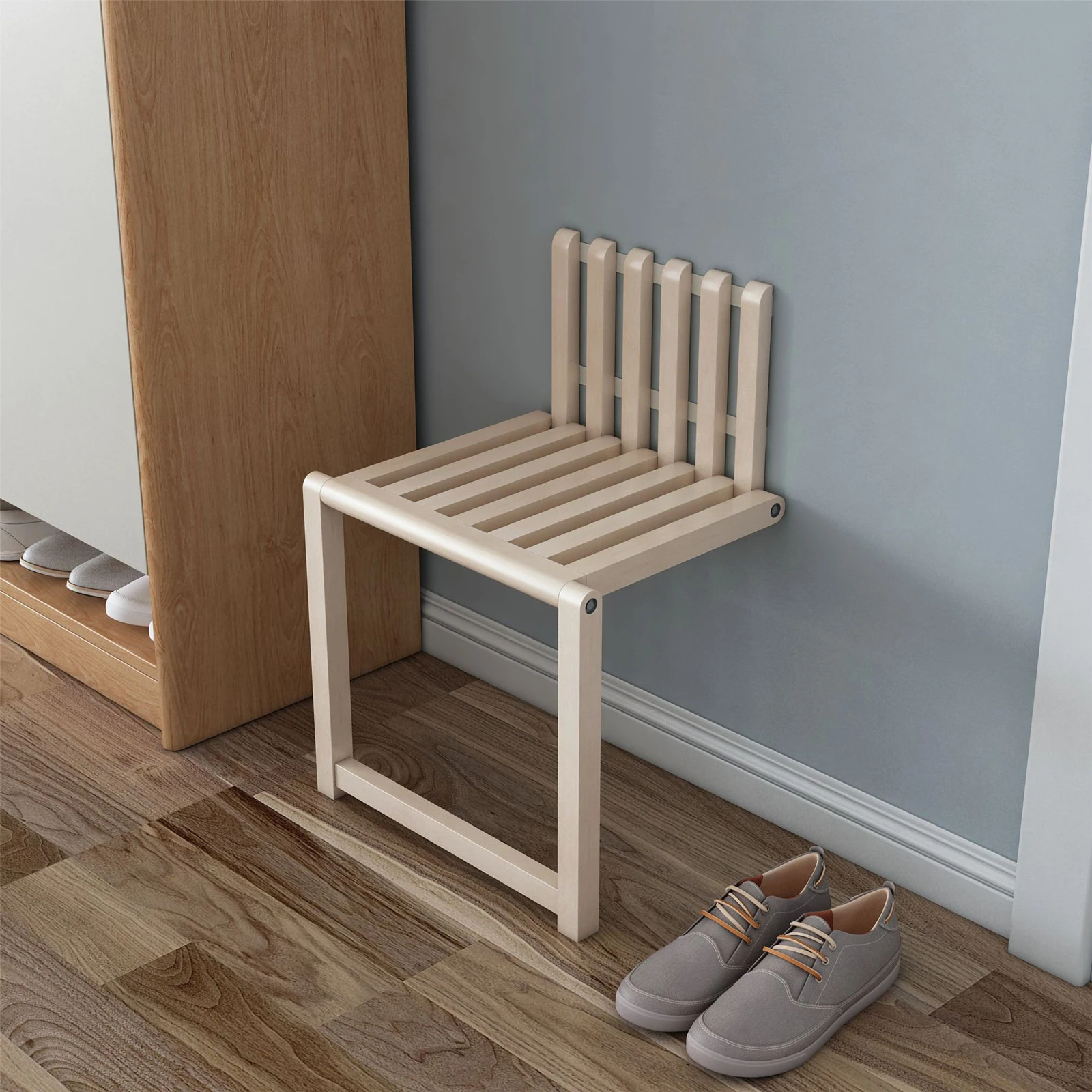 Wall Mounted Folding Chair Solid Wood Porch Chair Door Shoe Cabinets Space Saving Chairs Folding Bathroom Balcony Living Stool
