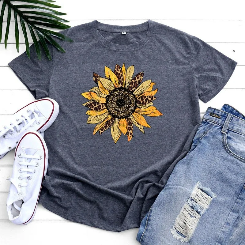 

Casual Summer Women Graphic Short Sleeve Ladies Regular Fashion T-shirt Flower Leopard Print Female 100% Cotton O-Neck Tees Tops