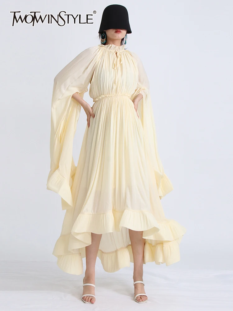 

TWOTWINSTYLE Spliced Ruffles Solid Dresses For Women V Neck Cloak Sleeves High Waist Patchwork Folds Elegant Dress Female 2023