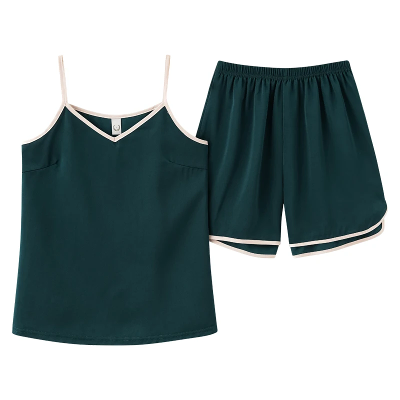 CAIYIER Summer Silk Pajamas Set Pure Color Sleeveless Strap Nightwear Cami Top + Shorts Sexy Lingerie Sleepwear For Women M-4XL