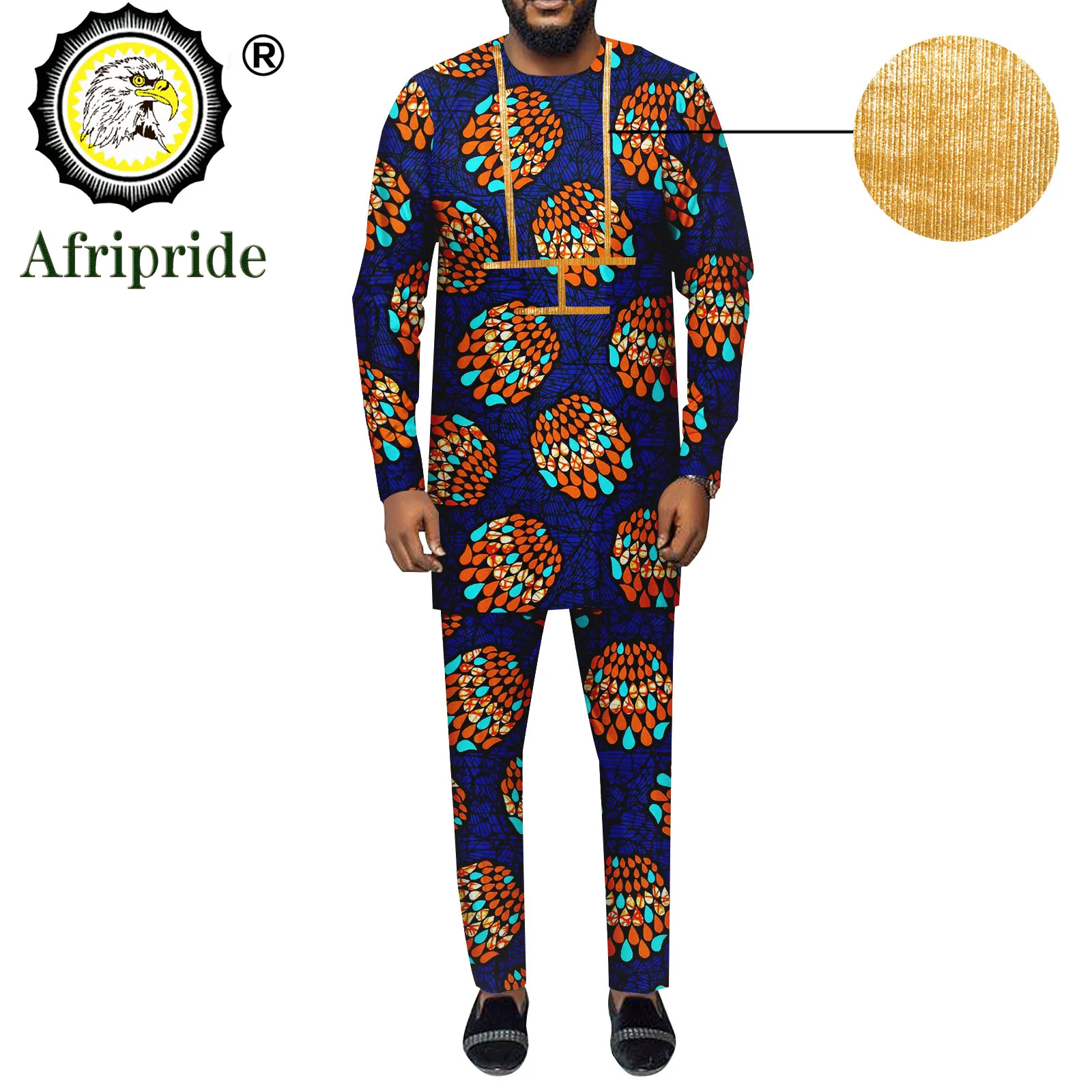 African Men Traditional Clothing Set Full Sleeve Embroidery Shirts and Print Pants 2 Piece Set Tribal Outfits Plus Size A2216103