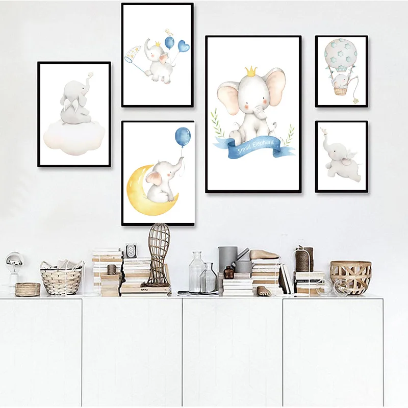 

Modern Minimalist Style Watercolor Balloon Elephant Decoration Children's Bedroom Wall Cartoon Animal Frameless Painting Core