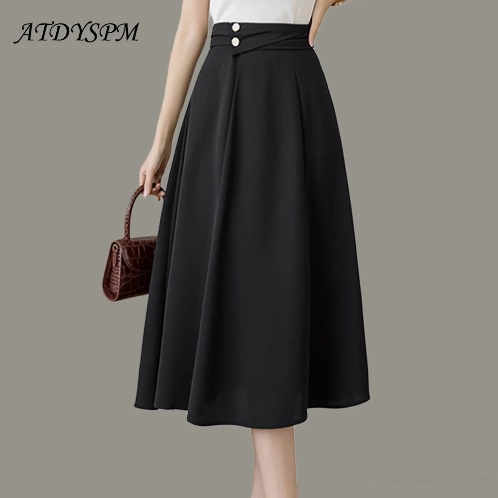 

Elegant Stylish High Waist Pleated Casual Midi Skirts Women Summer Autumn Office Lady Workwear Loose Solid A-Line Skirts Faldas