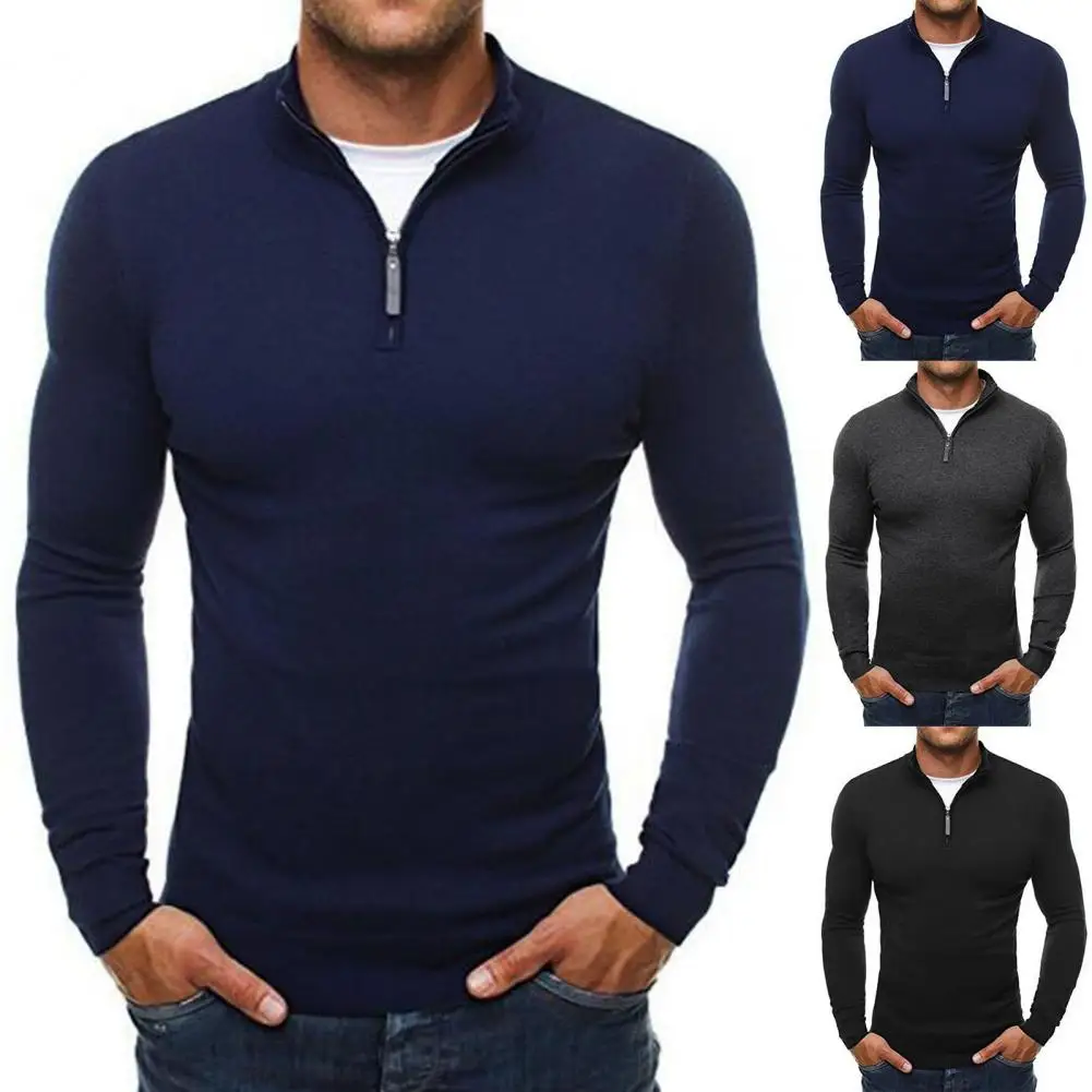 

Осенний свитер на молнии, мужской свитер с воротником-стойкой, однотонный эластичный вязаный облегающий свитер с длинным рукавом, весенний ...