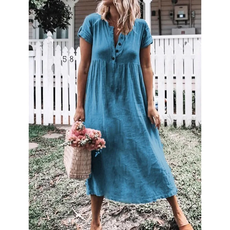 

Multi-Color And Multi-Size Explosions European And American Women's Solid Color Short Sleeve Round Neck Dress Dress