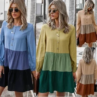 2021 spring summer o neck women dress solid color stitching dress womens long sleeve skirt casual loose dress for women