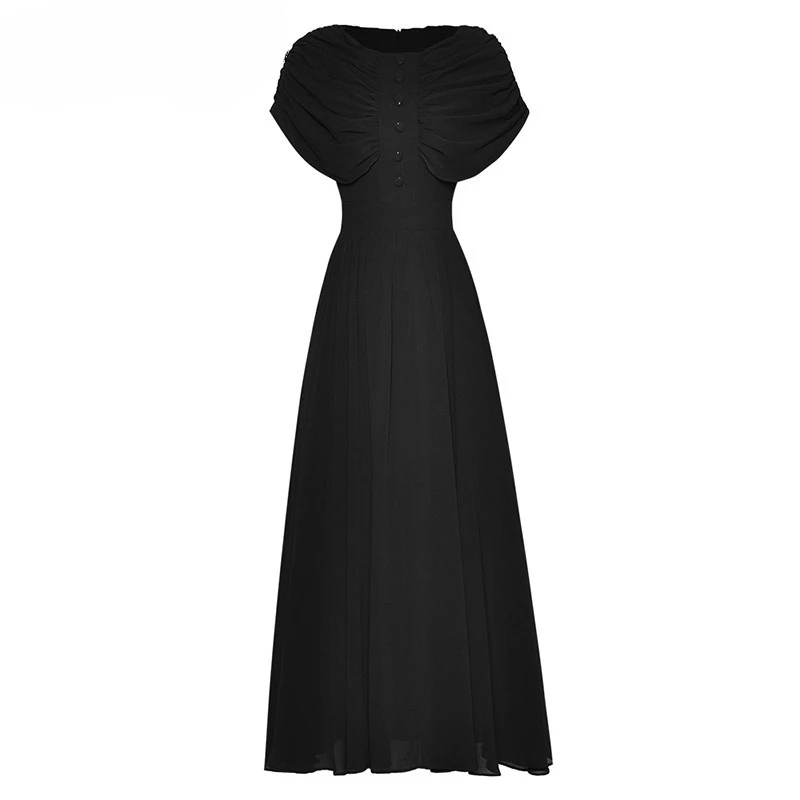 Summer Dress Black O-Neck Trim Shirred Flounces Sleeve High Waist Button Big Swing Dresses For Women 2023 Runway Luxury Brand