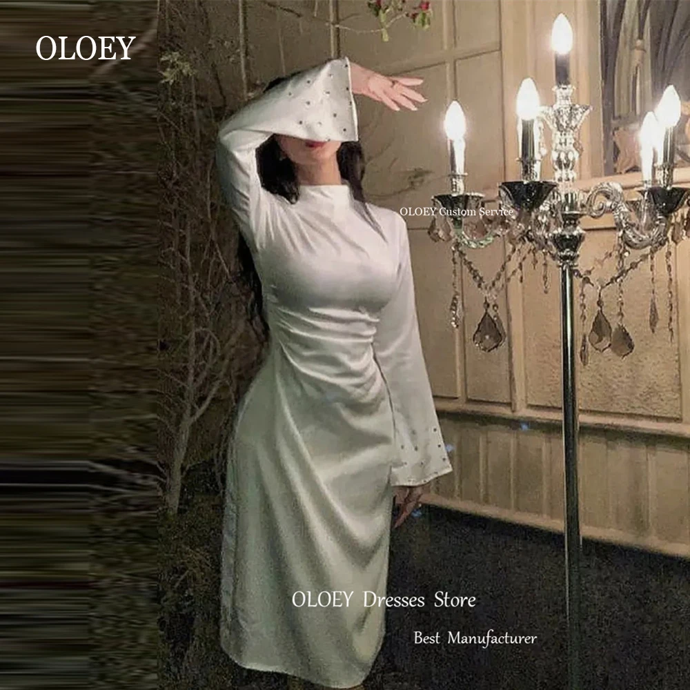 

OLOEY Vintage White Silk Long Sleeves Evening Party Dresses Saudi Arabic Women High Neck Beads Tea Length Night Event Formal