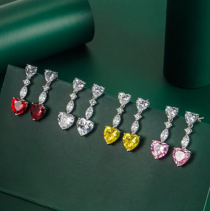 

ANGLANG Luxury Heart Cubic Zirconia Dangle Earrings Women White/Blue/Pink/Yellow Simple Elegant Earrings Wedding Trendy Jewelry
