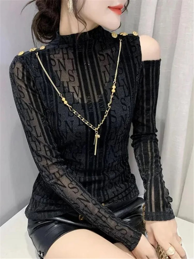 

Футболка женская базовая с открытыми плечами, пикантный сетчатый топ с длинными рукавами и надписью, яркий Шелковый Топ