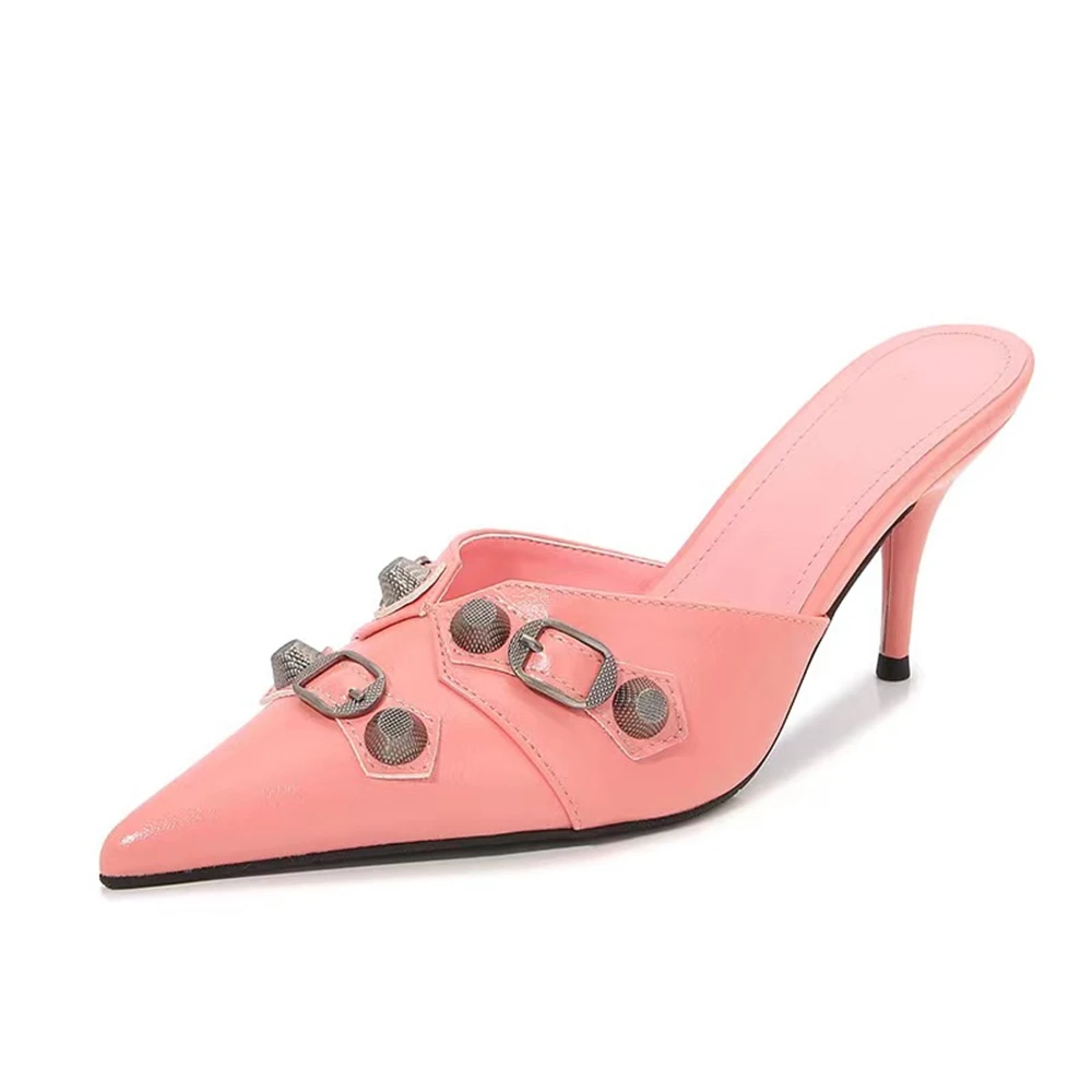 Women's Metal Decoration Rivet Pointed Toe Slippers Stiletto Walking Show Shoes Sandals Baotou Fashion Sexy Wedding Party Pumps