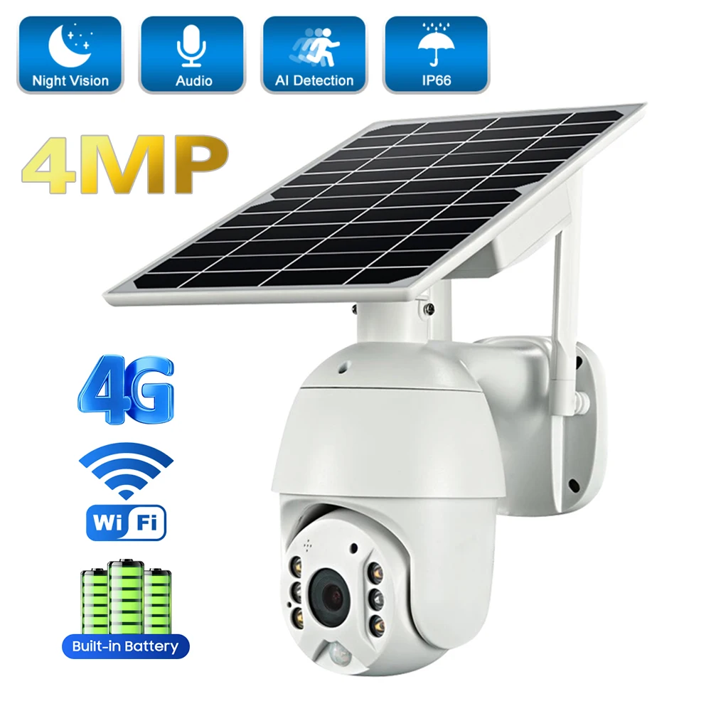 

4G Wifi PTZ Solar Camera 4MP HD Outdoor PIR Human Detection Solar Panels Surveillance Camera Color Night Vision P2P IP Cameras