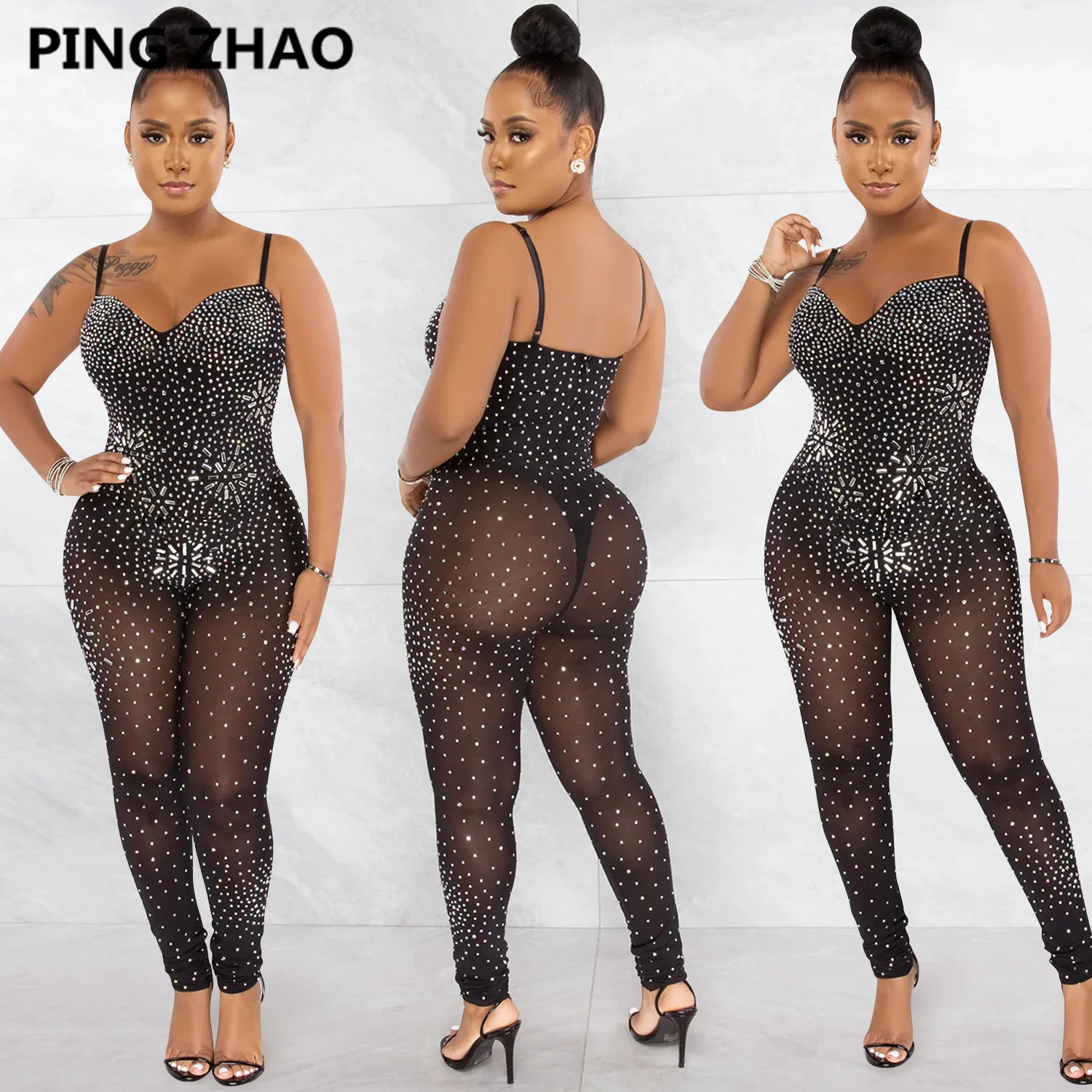 

PING ZHAO Diamonds Sheer Mesh Jumpsuits Women Sexy V Neck Spaghetti Straps Backless Slim Night Club Party Overalls Romper