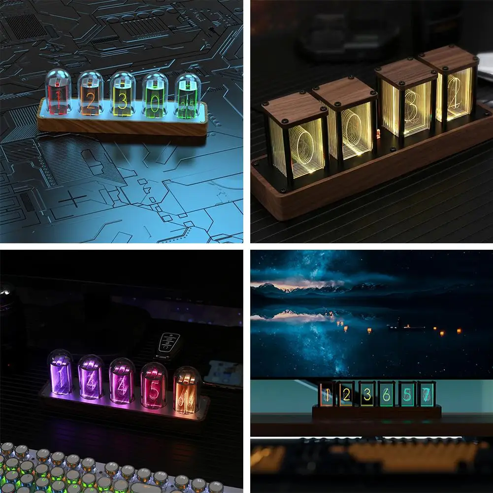 RGB Красочные Nixie Tube Clock Светодиодные настольные часы Современные светящиеся