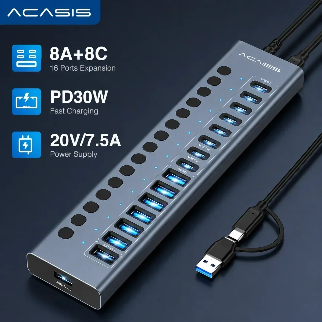 Фото USB-концентратор Acasis на 16 портов USB-C 3.1, 10 Гбит/с, 8A 8C, для USB-накопителей SSD/HDD, принтеров, клавиатур, мышей, мониторов, с зарядкой PD30W для iPad/iPhone №1