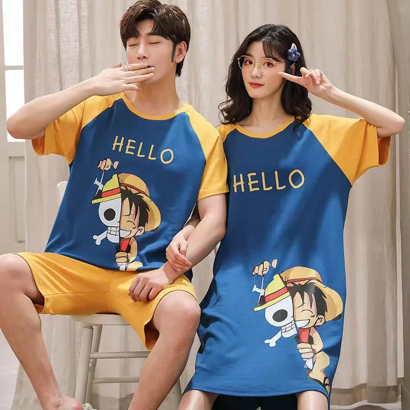 Women Summer Night Dress Japan Anime Nightgowns Couple Family Matching Pajamas for Men O Neck Home Clothing Party Cozy 3XL