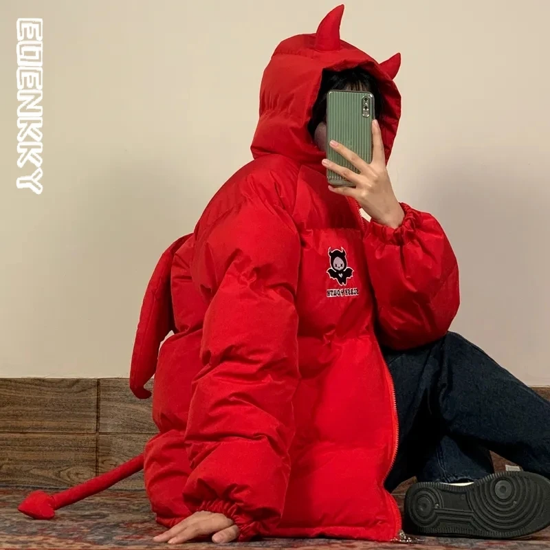Зимние Утепленные парки для мужчин и женщин пуховик с дьявольским рогом хвостом