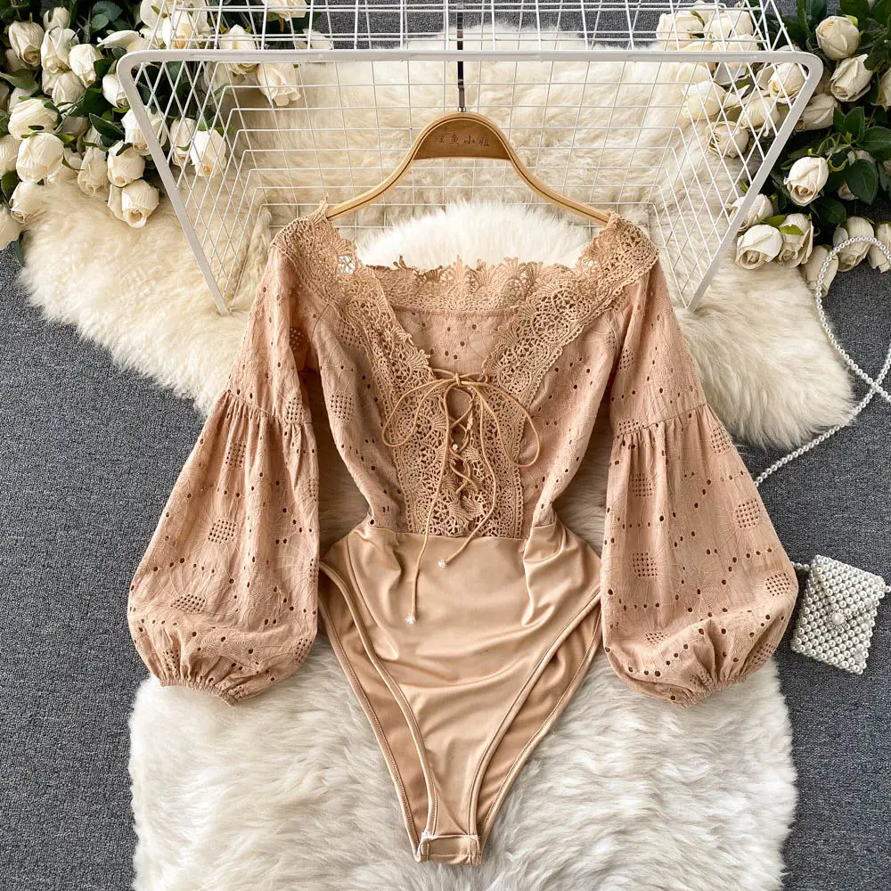 

Women Sexy Hollow Out Lace Playsuits Khaki V-Neck Bandage Romper Elegant Puff Long Sleeve High Waist Embroidered Jumpsuits New