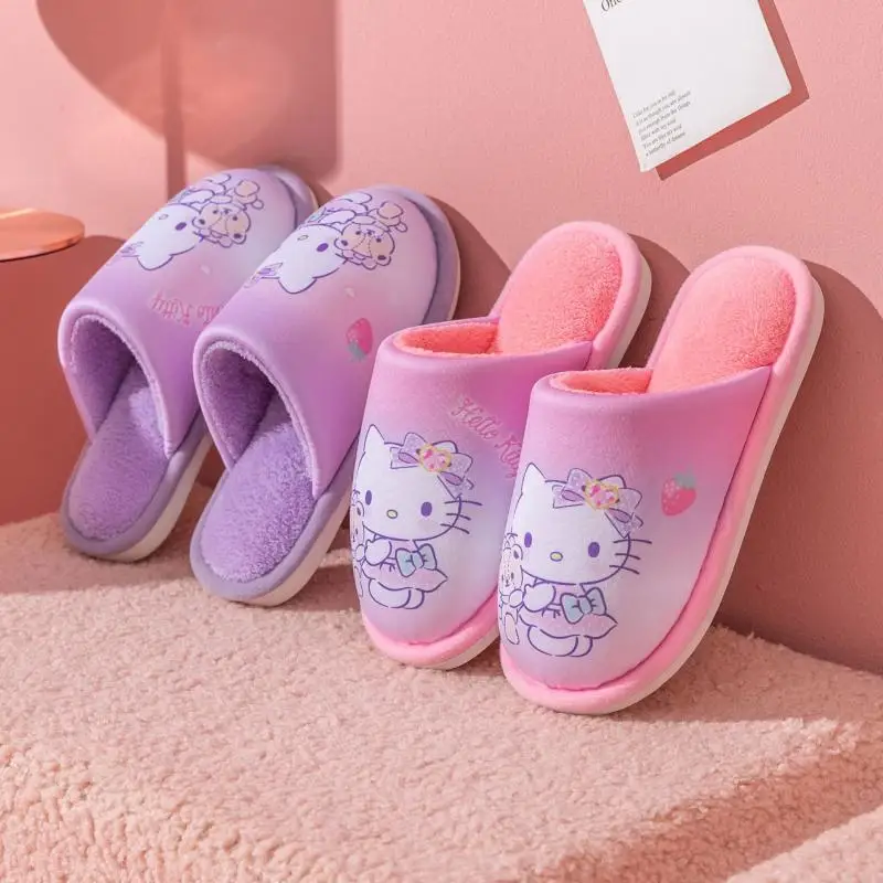 

Теплые полупакетные тапочки Kawaii Sanriod Anime Hobby Kitty на осень и зиму, хлопковые тапочки на каблуке, женская домашняя Нескользящая домашняя обувь
