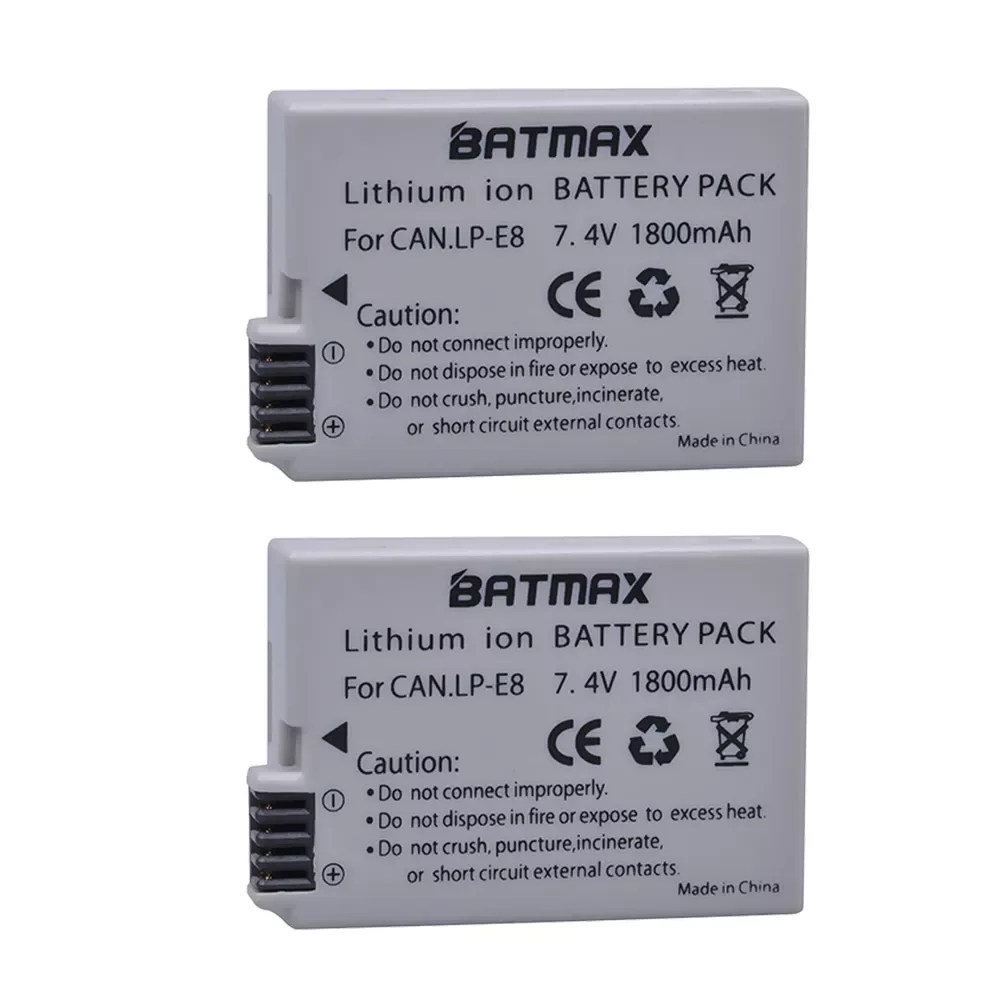 

NEW2023 2Pcs 1800mah LP-E8 LP E8 LPE8 Camera Battery for Canon EOS 550D 600D 650D 700D Kiss X4 X5 X6i X7i Rebel T2i T3i T4i T5i