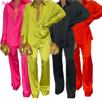 Adogirl Solid Satin Two Piece Set Women Casual Loose Suit Single Breasted Turn Down Collar Long Sleeve Shirt Top Wide Leg Pants 1