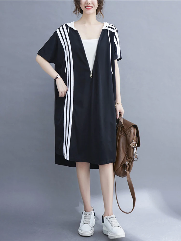 

Summer 2023 Short Sleeve Patchwork Hooded Dresses For Women Loose Casual Vintage Shirt Woman Dress Fashion Elegant Clothes