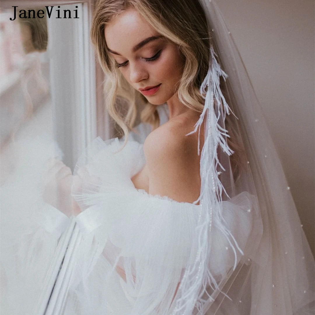 Роскошная Фата для невесты из страусиных перьев jaevini с жемчугом, однослойная Длинная свадебная фата для невесты, Женская Фата