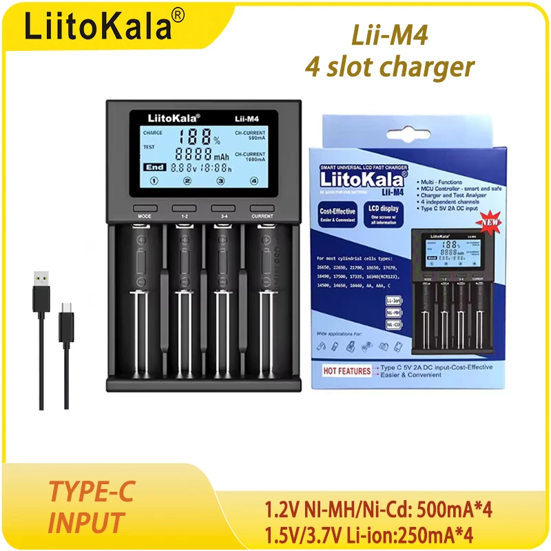 Фото Интеллектуальное зарядное устройство Liitokala Lii-M4S M4 202 402 18650, подходит для аккумуляторов 26650, 21700, 32650, 18500, 20700, 16340, CR123A, AA. №2