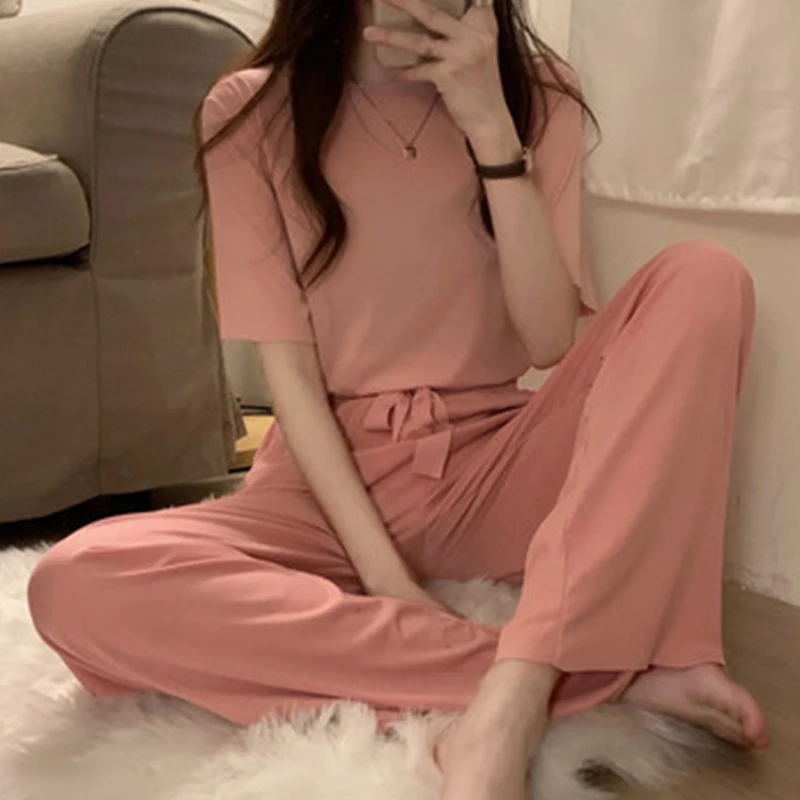 

New Sleepwear Pajamas Women Long Pants Short Sleeved Summer Spring Loungewear Fashion Home Clothing Homewear For Girls Ladies