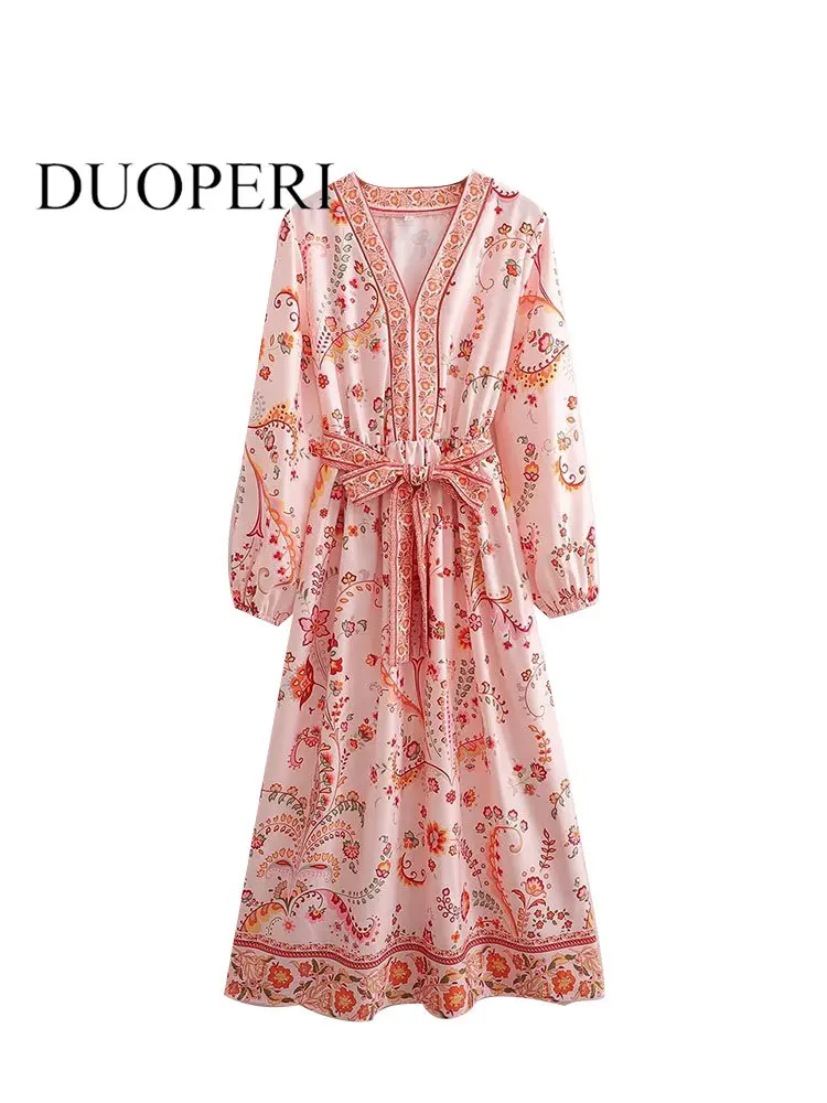 

Платье-миди женское с поясом, V-образным вырезом и длинным рукавом