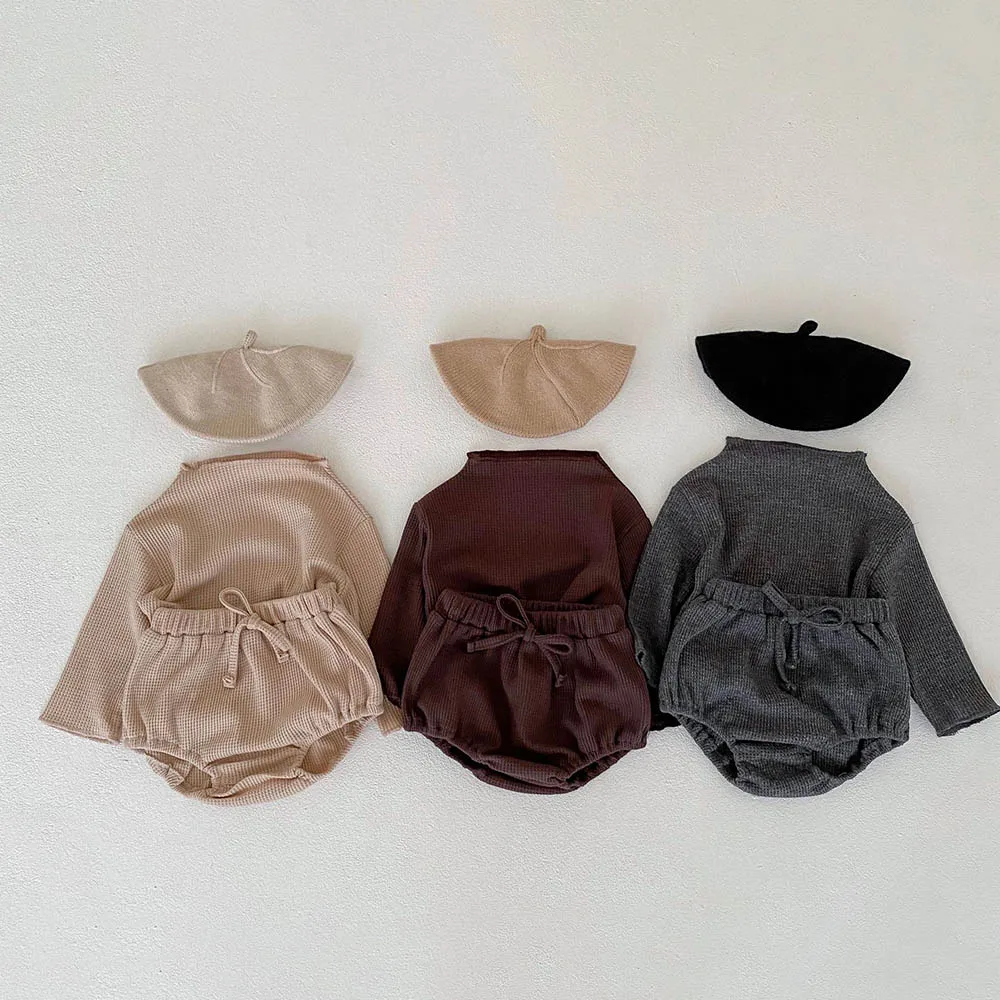 

Melario/новый осенний комплект одежды с вафельным принтом для маленьких девочек, Однотонная футболка + шорты из полипропилена повседневная оде...