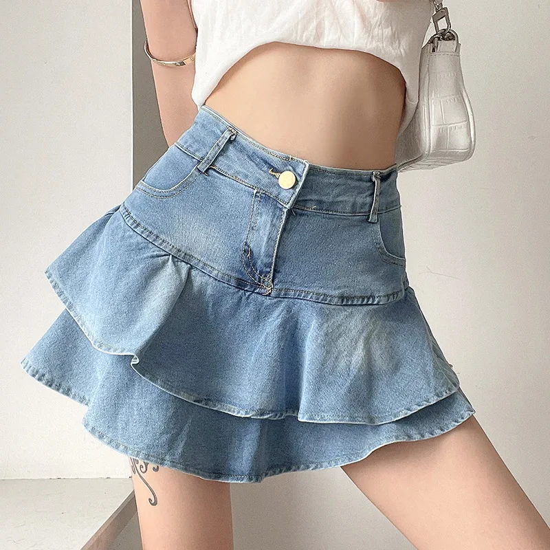 

Sexy High Waist Slimming Ruffled Blue Denim Skirt Korean Layered Cake Short Skirt Female Hot Girl 2021 Spring and Summer New