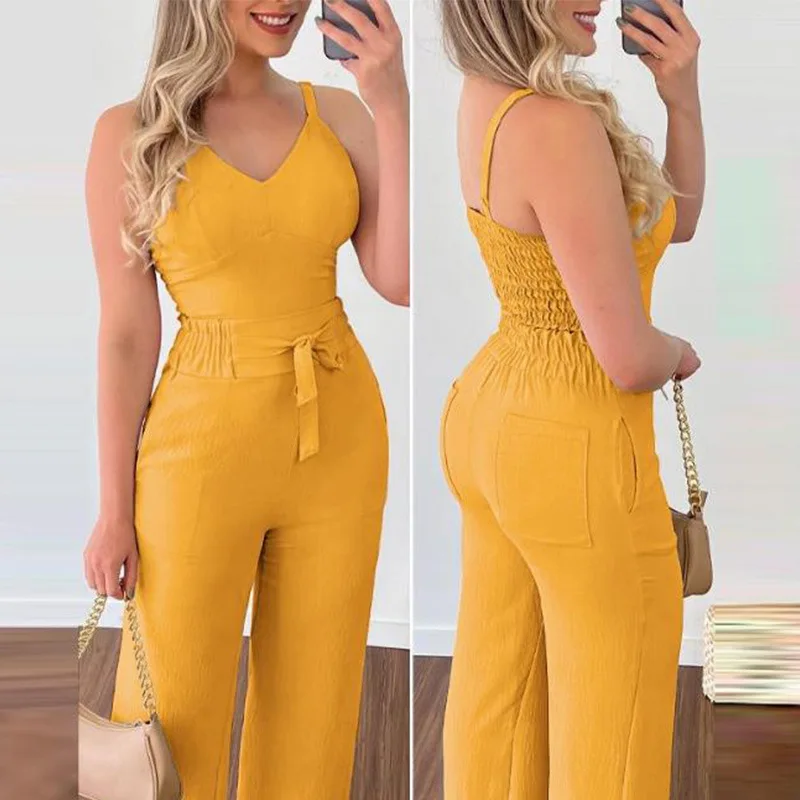 

Elegant Women's Jumpsuits Fashion V-neck Tanks Rompers Slim Backless Wide Leg Pants Solid Color Y2k Pleated Lace-up Jumpsuit New