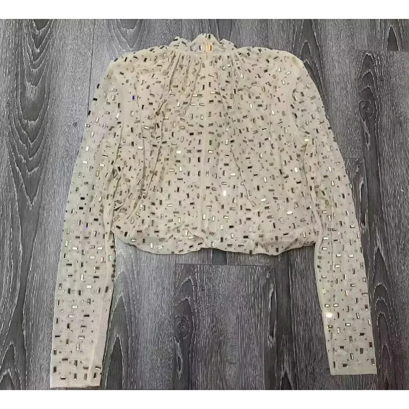 Элегантная шикарная белая блузка с бриллиантами прессованная офисная женская