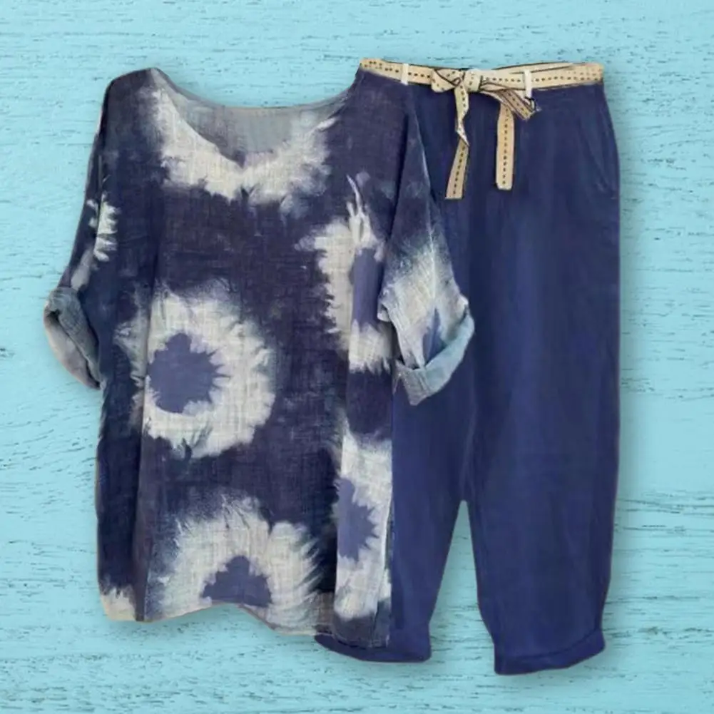 

2 шт./компл., дышащие свободные женские топы и брюки со средней талией, Женский винтажный комплект из топа и брюк для повседневной носки