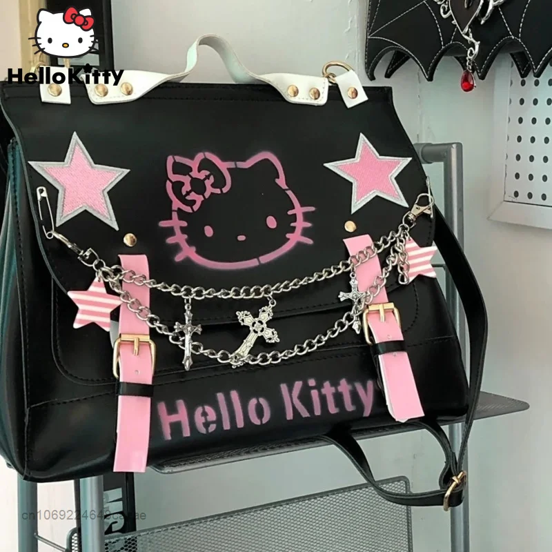 

Sanrio, дизайнерская вместительная сумочка Hello Kitty, Y2k, школьная сумка для девочек в готическом стиле, шикарная сумочка-мессенджер для женщин