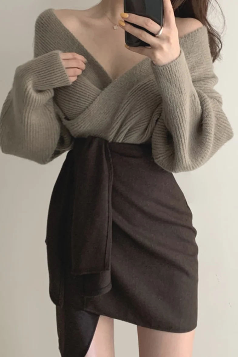 Женский свитер юбка костюм сексуальный облегающий с V-образным вырезом комплект