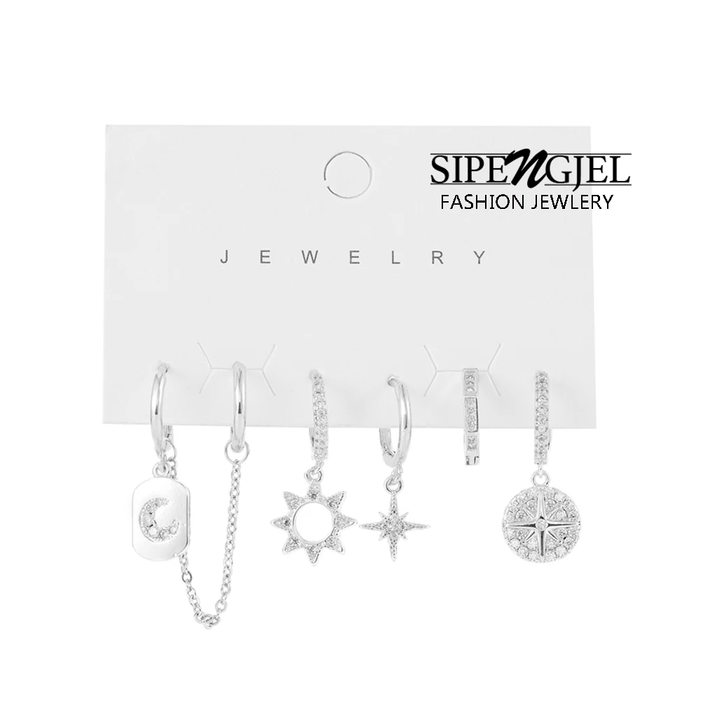 

SIPENGJEL Trendy Silver Color Crystal Star Dangle Earrings Sets for Women Man Simple Circle Hoop Earrings Fashion Jewlery 2022
