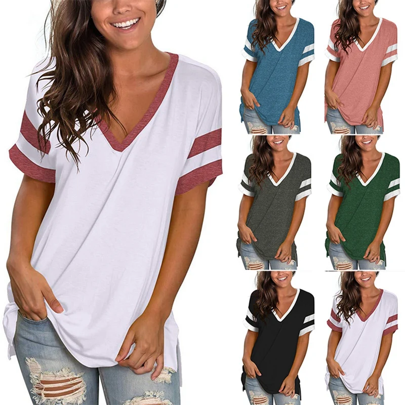 

ASDS-Women's Fashion Casual V-Neck Loose Stitching Short Sleeve T-Shirt Tops
