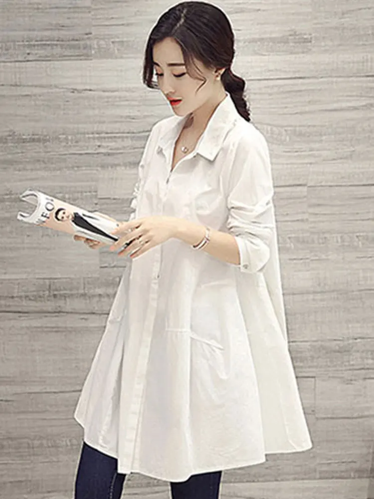 

Casual Oversized Shirts and Blouses Korean Fashion Women 2023 Spring Summer Loose Long Sleeve White Shirts Women Midi Blouse