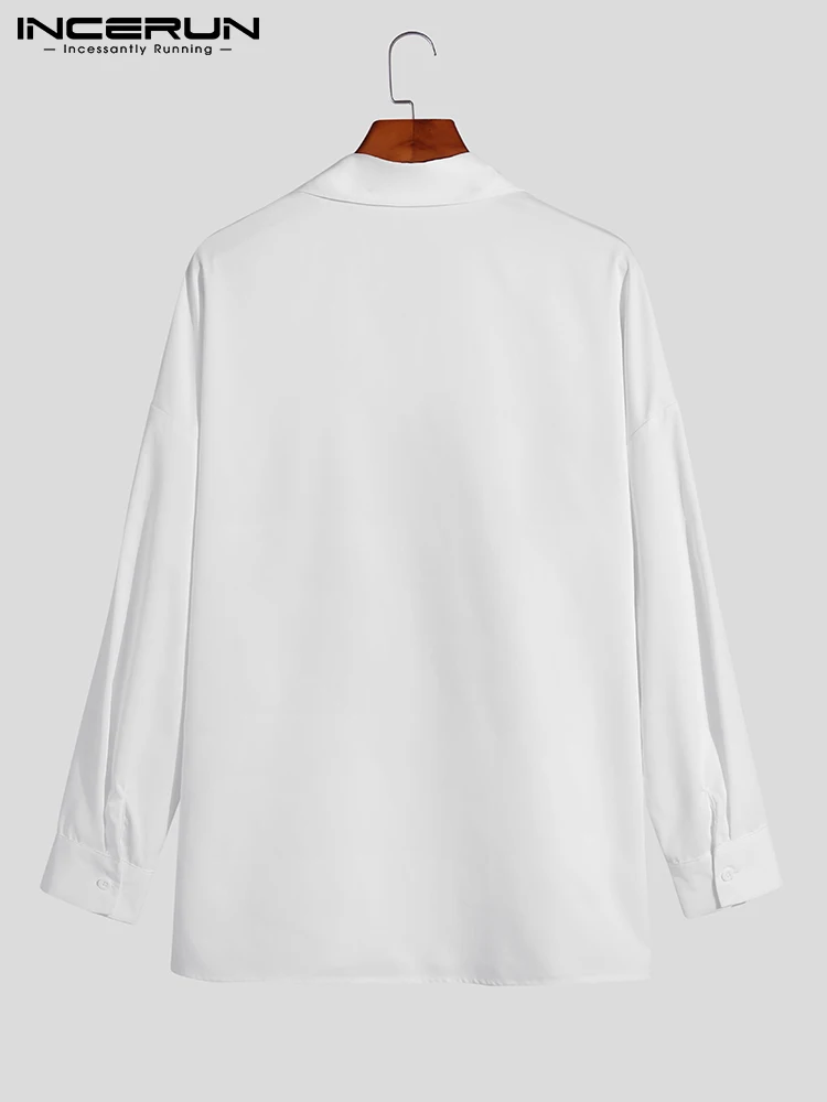 Casual New Men's Tops Solid Lace Stitching Front Hollow Blouse Stylish Well Fitting Male Long-sleeved Lapel Shirts S-5XL INCERUN