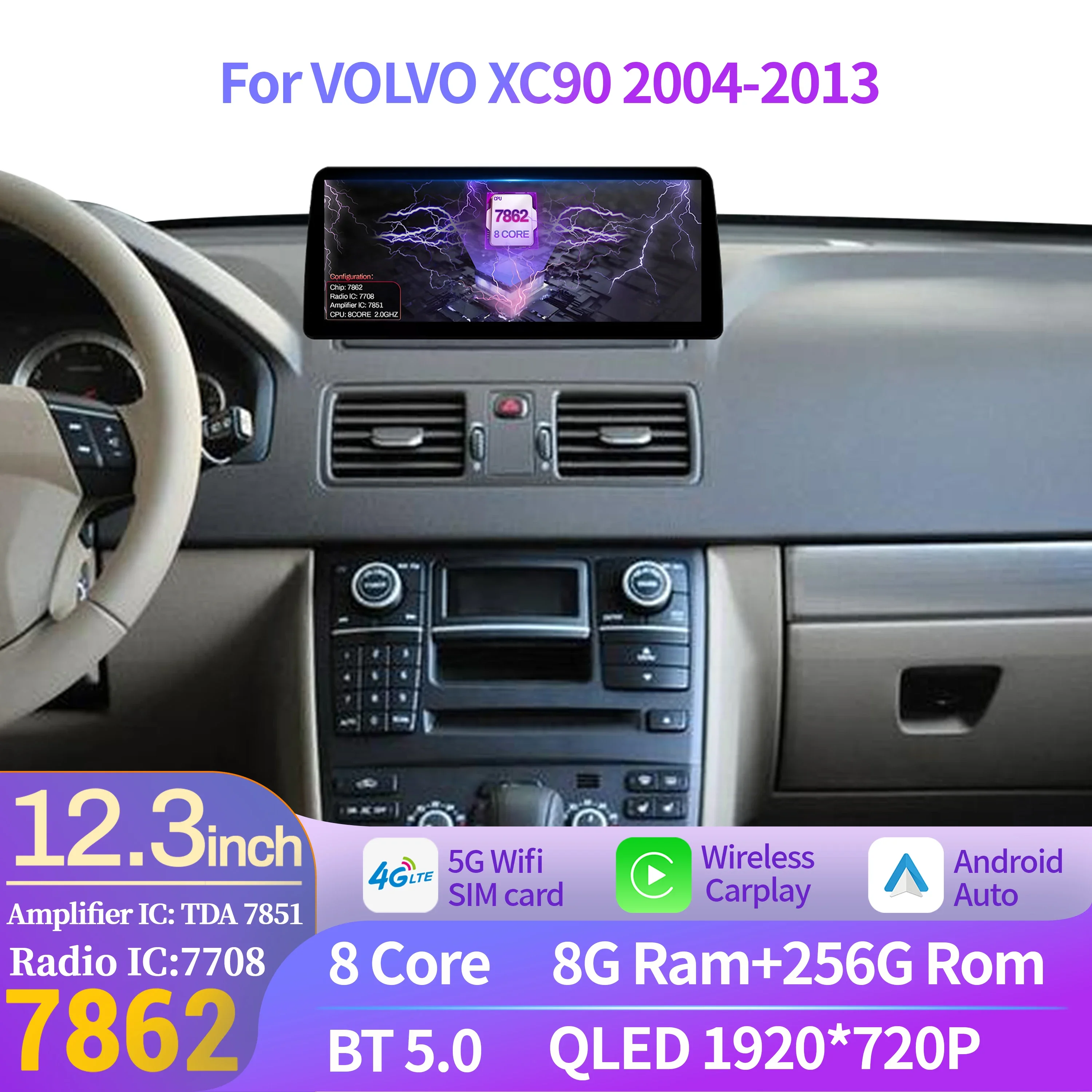 Фото 12,3-дюймовый для VOLVO XC90 2004-2013, автомобильный радиоприемник, Android, мультимедийный беспроводной Carplay, навигация, GPS, WIFI, 4G, стерео, экран головного устройства №1