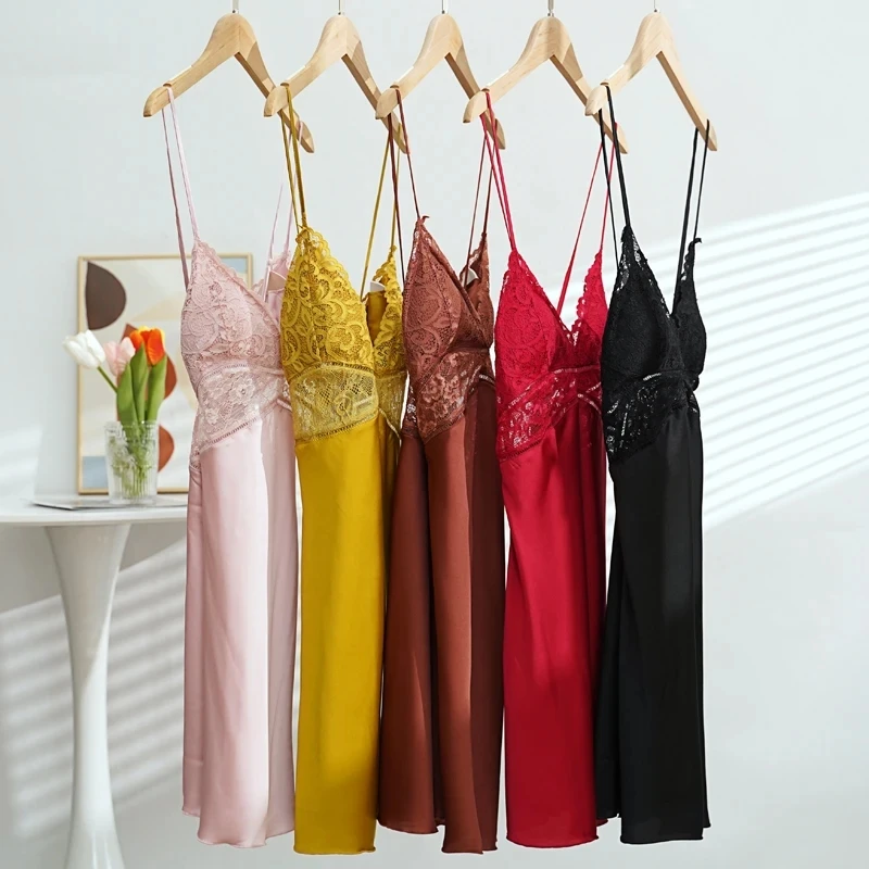 Женская атласная пижама Сексуальная кружевная тонкая ночная рубашка