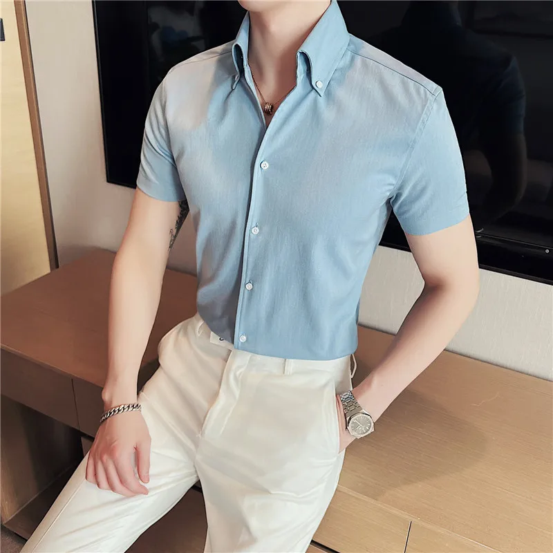Летняя мужская рубашка с коротким рукавом белая синяя приталенная офисная блуза