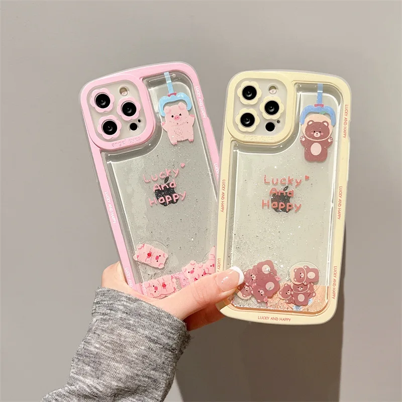 

Creative Quicksand Cartoon Pig Bear Phone Case Cover for IPhone 11 12 13 14 Pro X XR XS Max Shockproof Case for IPhone 14 Cases