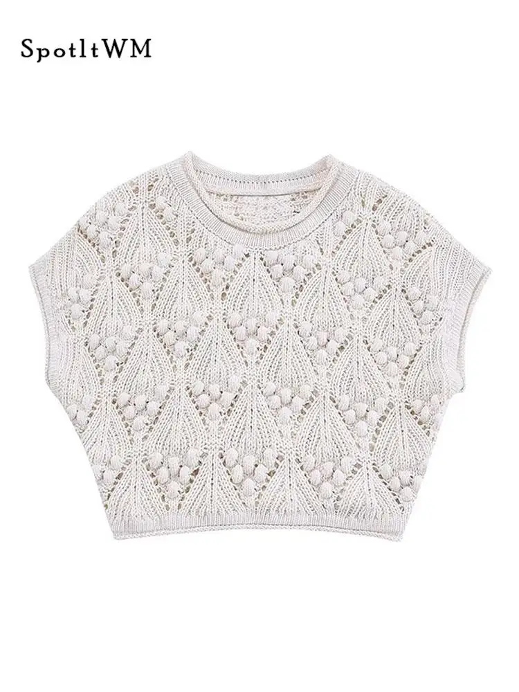 

Knitted Ball Embellished Pullover Top Sexy O-neck Sleeveless Holllow Out Tank Top 2023 Female Fashion Casual High Street Wear