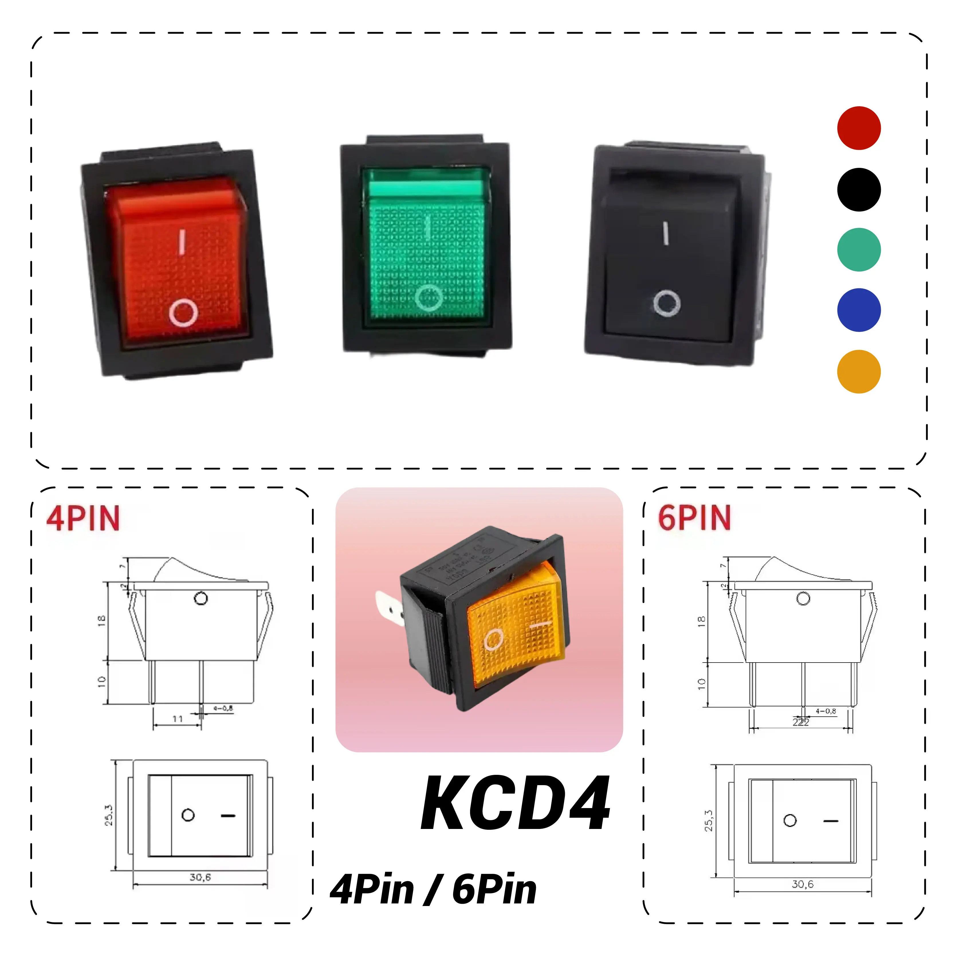 Фото 4/6 Pin16A 250V KCD4 DPST Кулисный переключатель ВКЛ-ВЫКЛ 25x31 мм Защелкивающийся автомобильный морской №1