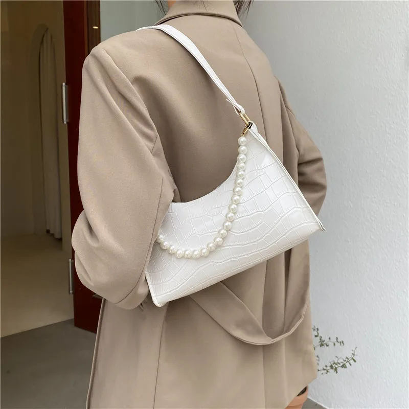 

Women Armpit Bag Retro Handbag PU Leather Underarm Shoulder Bag Fashion Pearl Top Handle Bag Female Small Subaxillary Bag Clutch